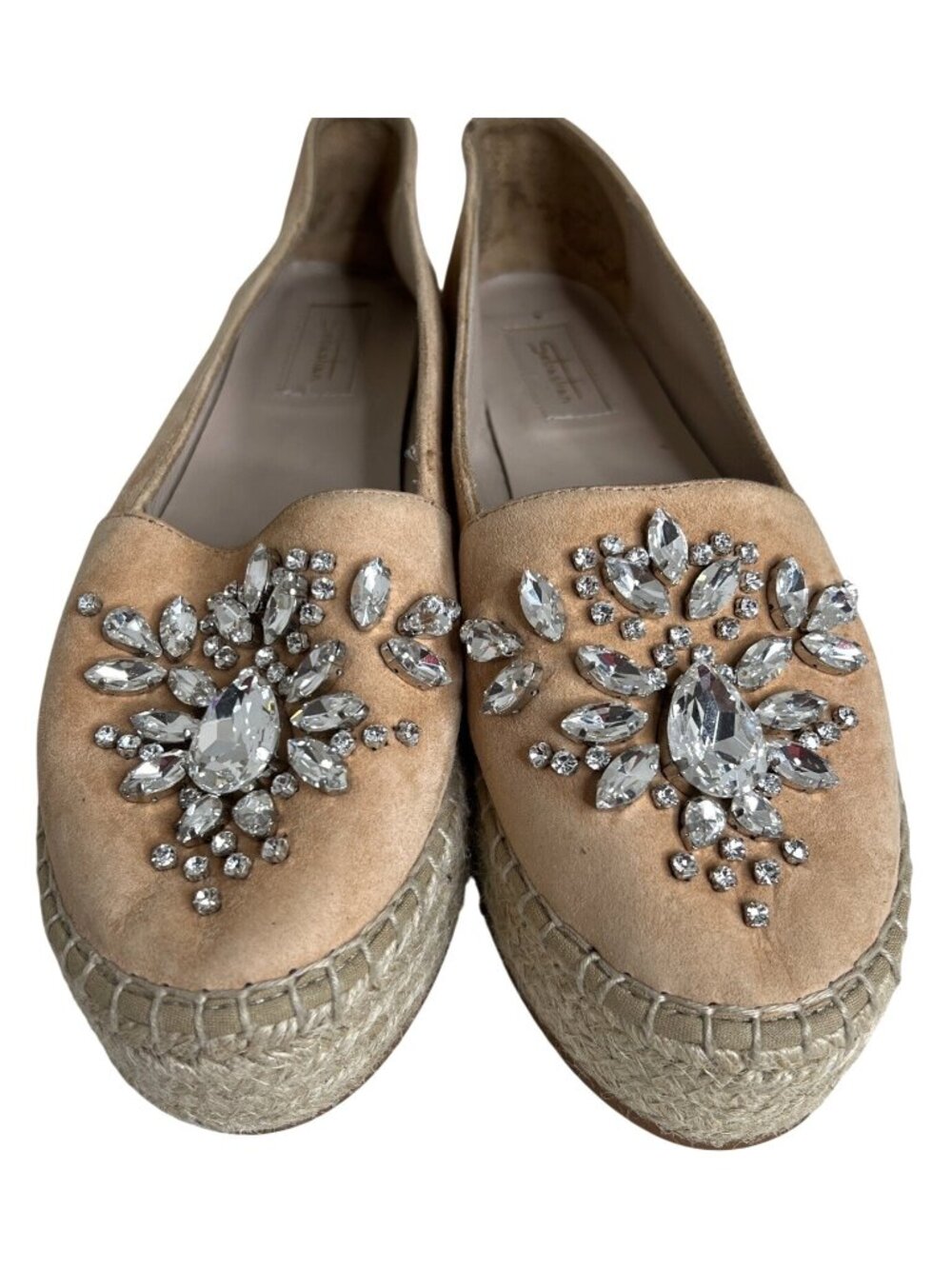Sebastian Beige Suede Platform Espadrilles W/ Rhinestone Embellishments Size 6.5